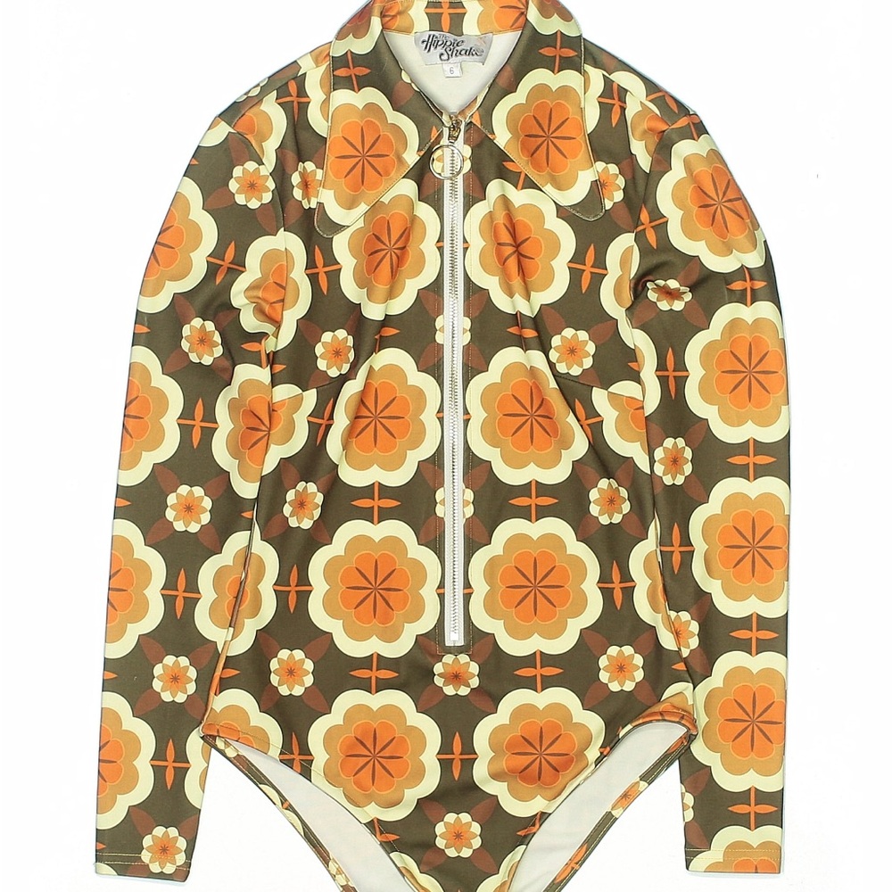 The Hippie Shake Retro Floral Long Sleeve Bodysuit Playsuit